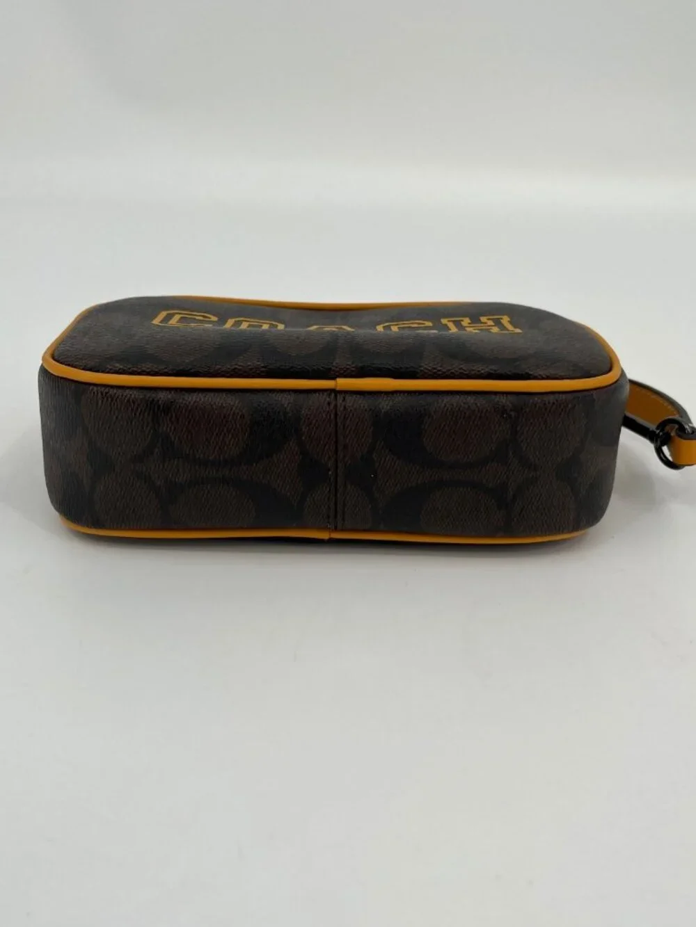 Coach Jamie Wristlet In Signature Canvas With Varsity Motif QB/Brown/Buttercup
